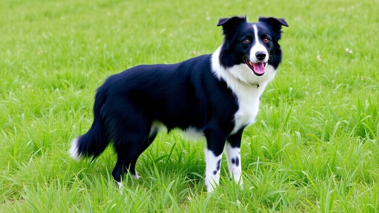 Border Collie em um campo verde exuberante.