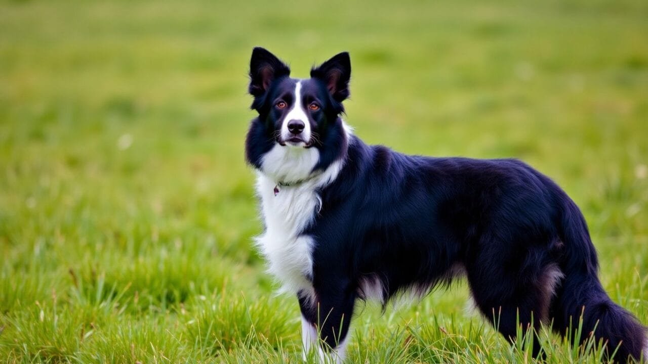 Border Collie em pé, vigilante em um pasto verde.